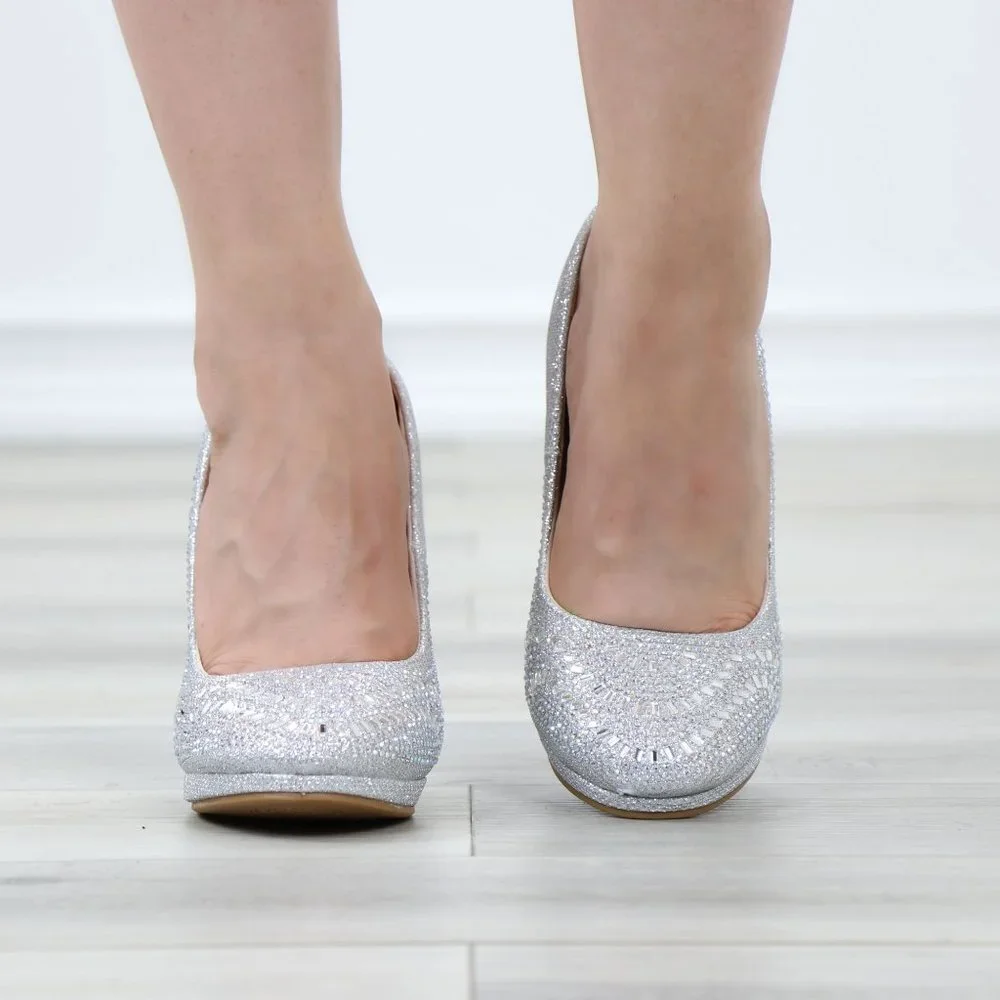 Silver Sparkly Rhinestone Glitter Diamond Platform Slip On Close Toe High Heel - Picture 11 of 15